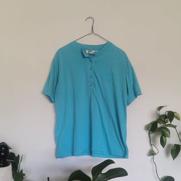 Vintage Teal Neon 80s Polo Collared 1/4 button Golf Tshirt - Picture 1 of 4